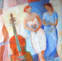 Das rote Cello; &Ouml;llasuren auf Leinwand und Japanpapier; 50 X 60 (cm)